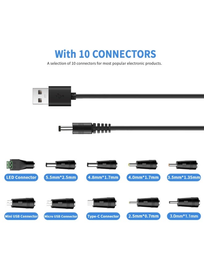fantasize 5V USB to DC Charging Cable, Universal Power Cord for Toys, Watches, Fans, Speakers, Headsets, Monitors, Table Lamps, Phones, LED Light Strips, Routers, DC 5.5 x 2.1mm with 10 Connectors, 1m - Image 2
